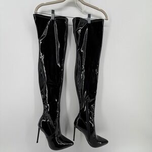 VIKTORY Black Patent Stiletto Heel‎ Thigh High Boots Size 6